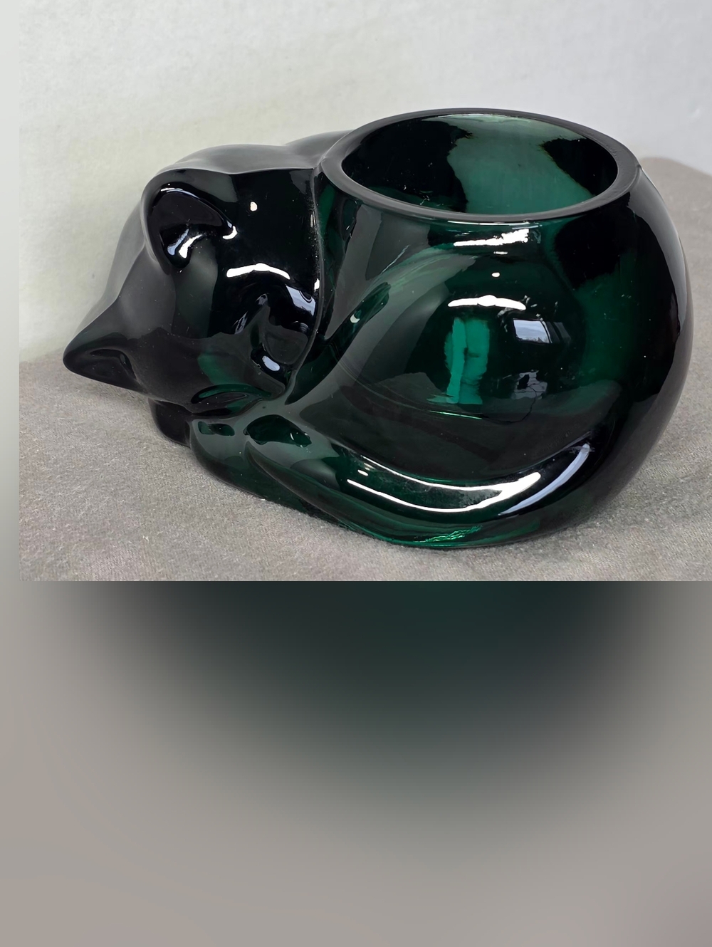 Vintage 80's Emerald Green Sleeping Cat Glass Votive Candle Holder Paperweight